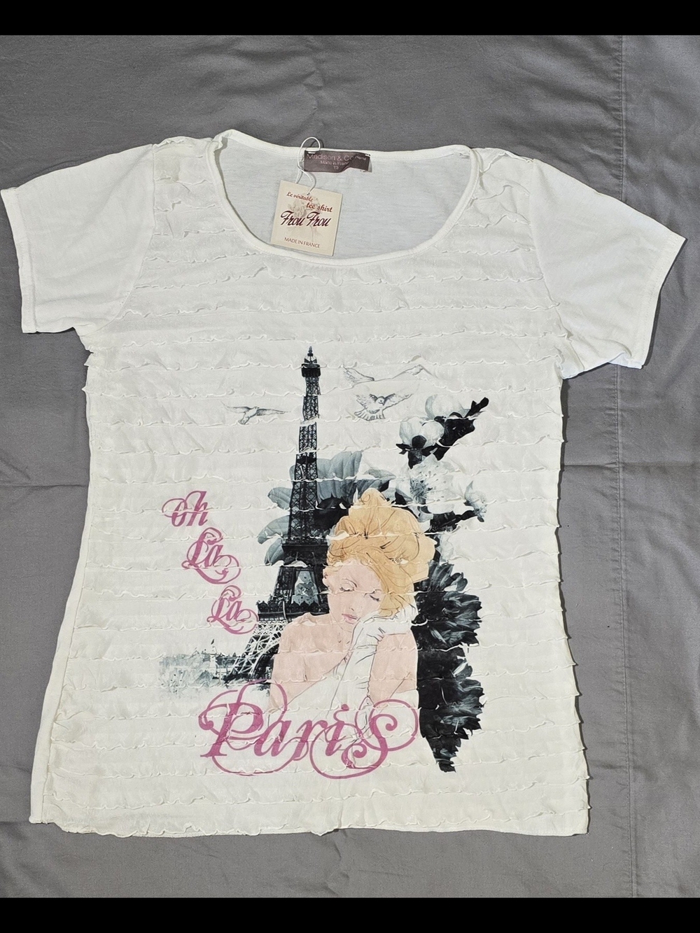 White Paris Graphic Ruffle-Texture Tee - Picture 5 of 8